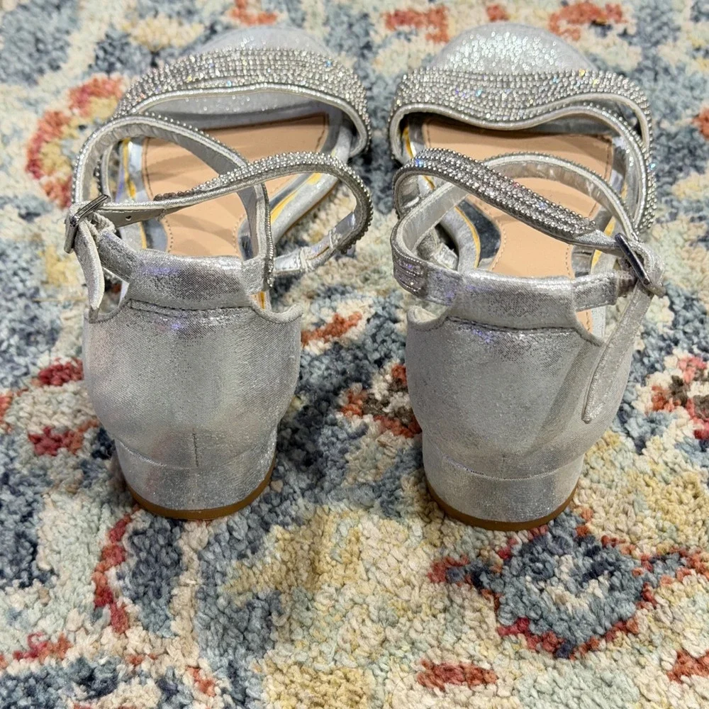 Copper Key Rhinestone Dress Sandals Girls 1 Silver Glitter Block Heel Glam GUC